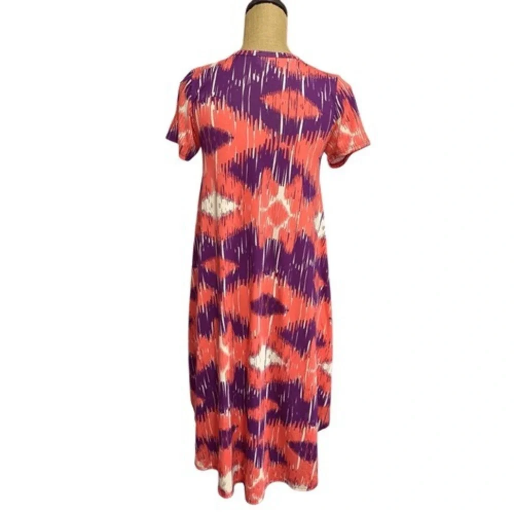 LuLaRoe Carly Swing Dress XXS Ikat Abstract Coral Purple High Low Pocket Stretch